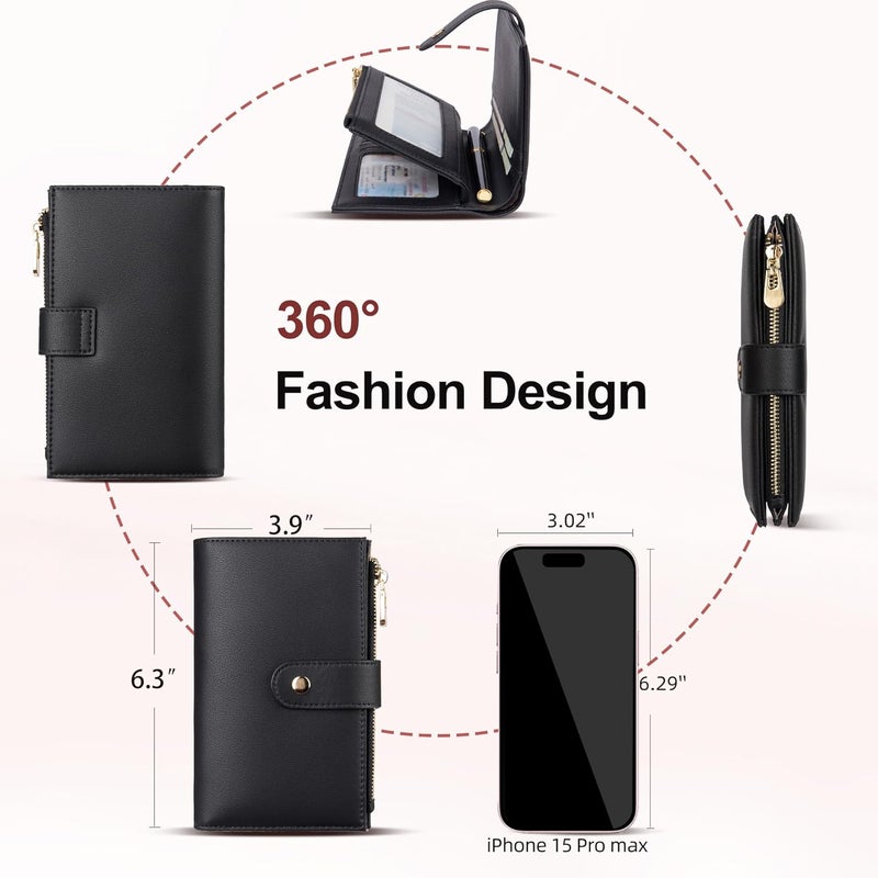 yiijay Wallet Women RFID Blocking Leather Trifold Clutch Wallet Credit Card Holder Ladies Travel Wallet Purse with Pen Holder - Image 4
